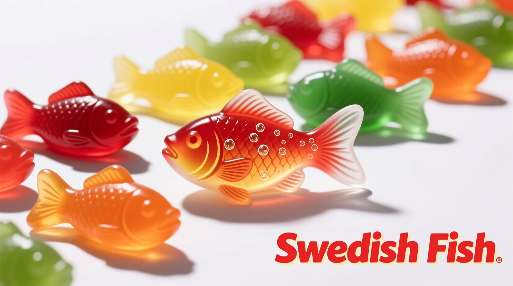 Swedish Fish candy varieties on white background