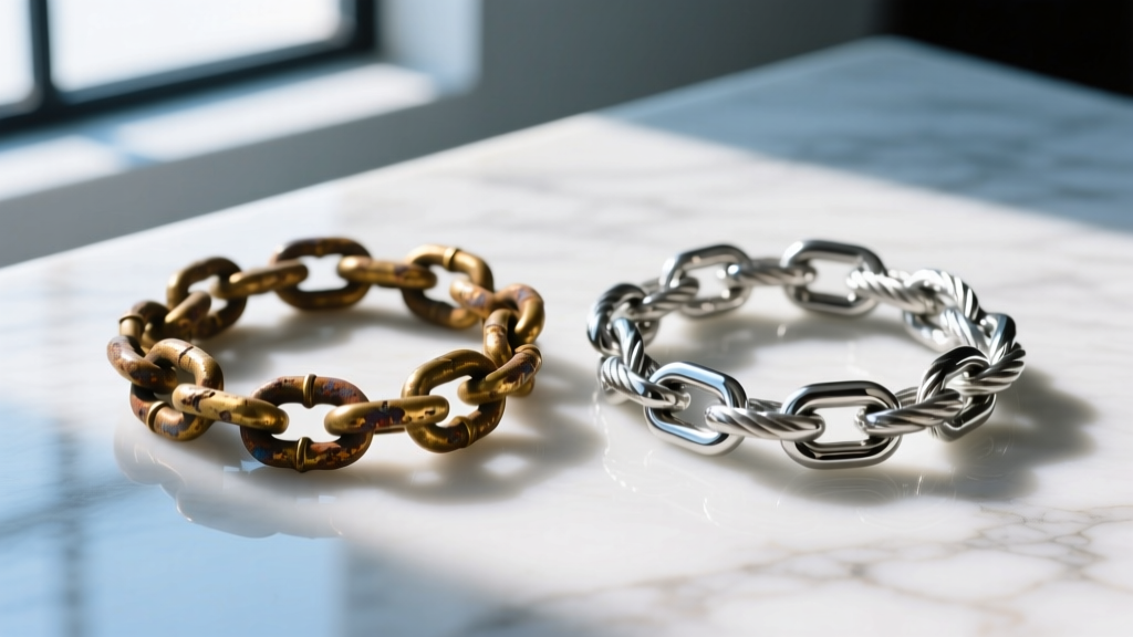 Macro shot of tarnished brass chain next to pristine 316L surgical stainless steel rope chain on white marble surface.