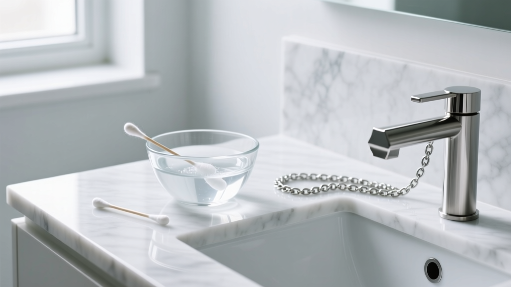 Glass bowl of sterile saline and cotton swab beside a titanium barbell and delicate chain on a clean, marble bathroom vanity