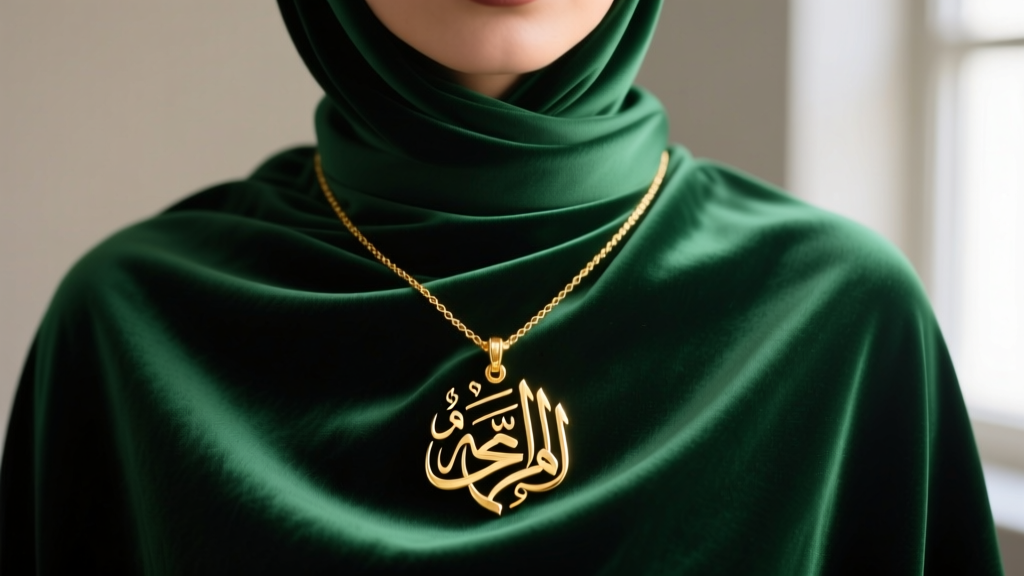Elegant 18k gold Muslim necklace featuring intricate Ayatul Kursi calligraphy resting on a dark emerald green silk hijab.