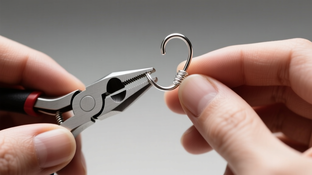 Close-up of hands using nylon jaw pliers to shape 20-gauge half-hard sterling silver wire into a smooth French ear hook curve.