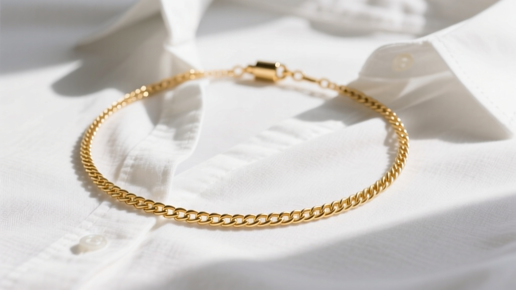 Flat lay of a minimalist 14k gold 18-inch cable chain necklace on a crisp white linen shirt, soft natural window lighting