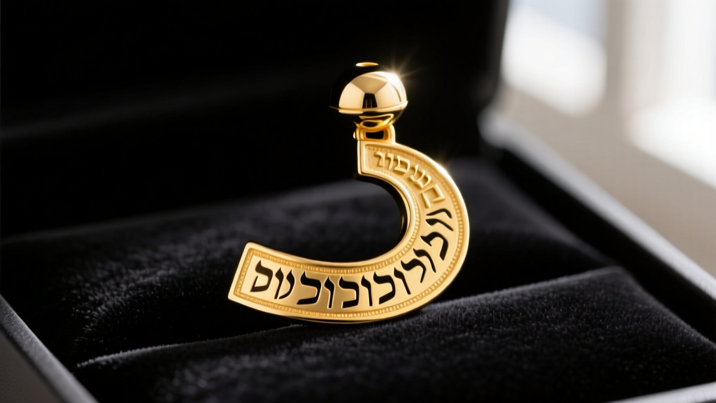 Close-up of a solid 14k yellow gold mezuzah pendant on dark velvet, highlighting intricate Hebrew lettering and a polished cap