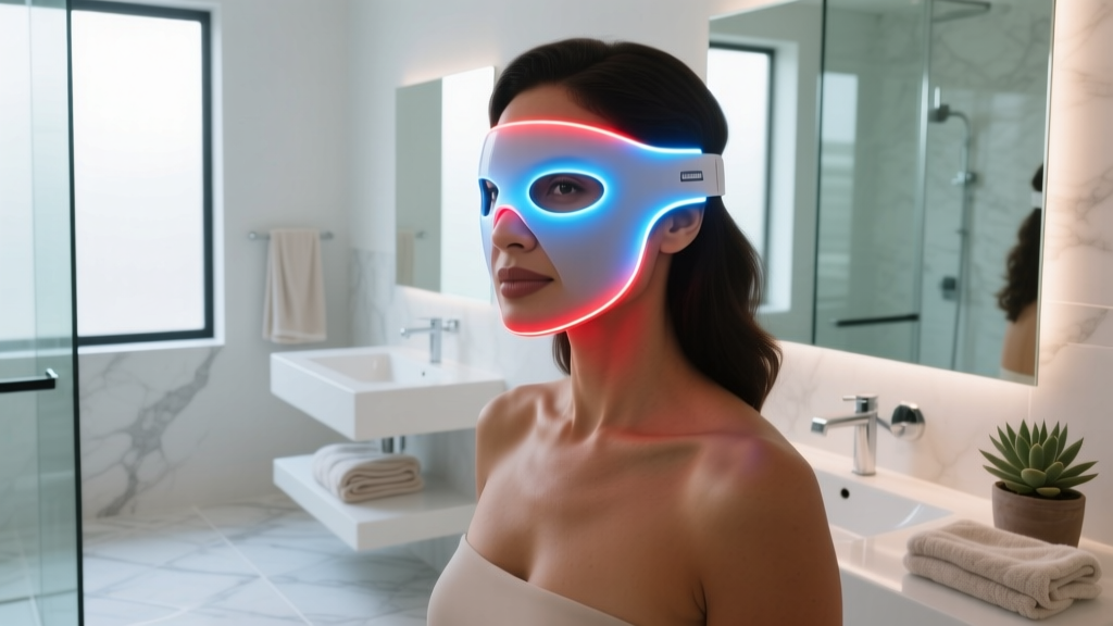 Woman wearing a flexible silicone LED light therapy mask in a minimalist bathroom, illustrating advanced at-home facial tech trends for 2026