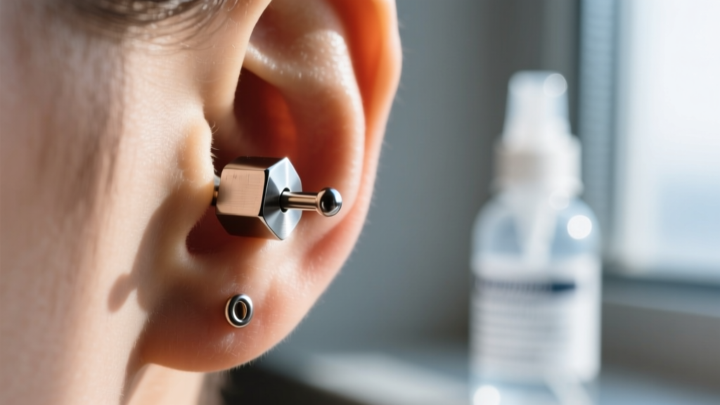 Close-up of a 16-gauge titanium labret stud in a tragus piercing, softly lit with a saline spray bottle blurred in the background