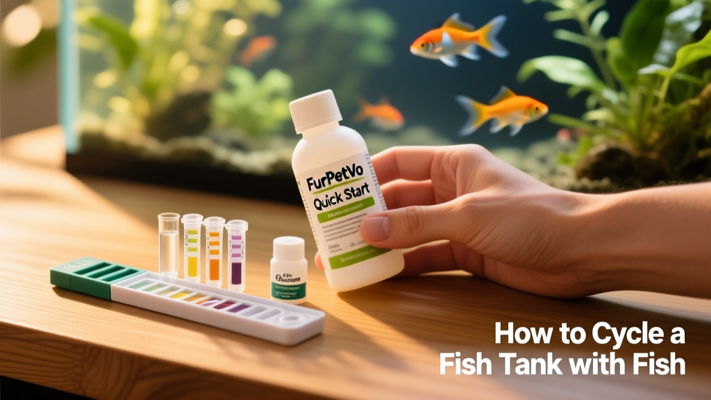 Hand holding a bottle of FurPetVo Quick Start alongside a water test kit and dechlorinator