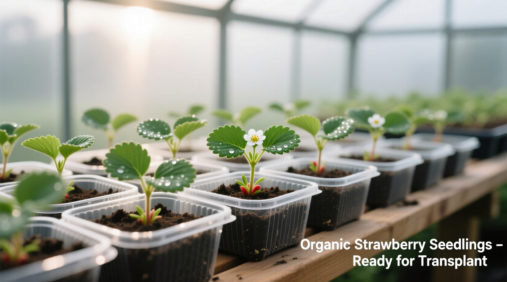 Strawberry seedlings in starter trays with proper spacing