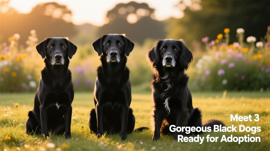 Three black dogs sitting side by side on grass, looking alert and friendly