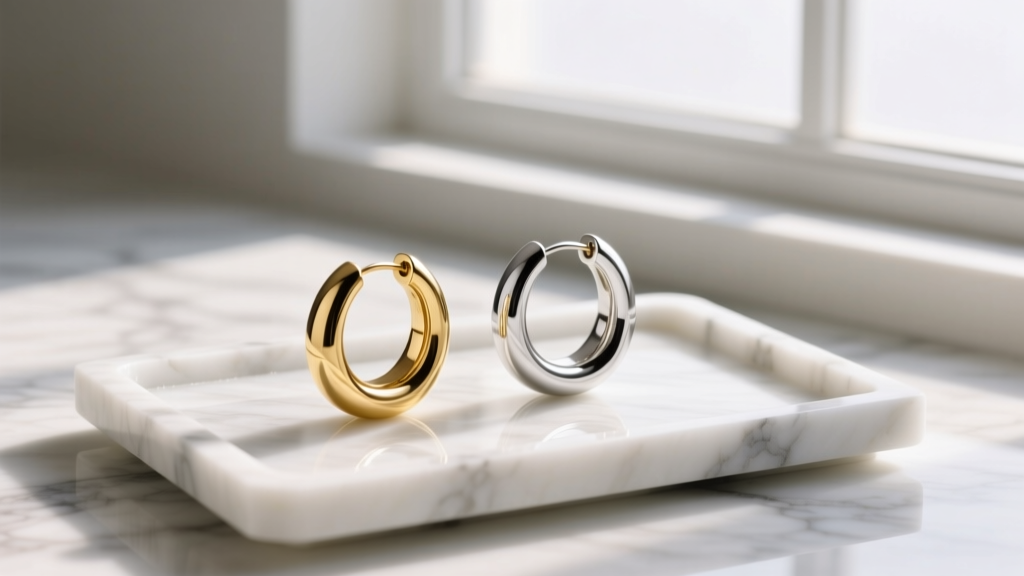 Two-tone gold and silver hoop earrings resting on a white marble jewelry tray, illuminated by soft natural window lighting