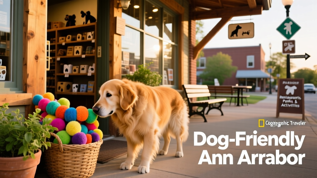 A golden retriever sniffing a colorful dog toy display near the entrance of a cozy downtown boutique