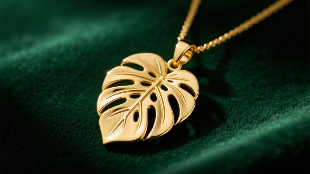 Solid 14k yellow gold monstera necklace on dark green velvet, showing intricate leaf vein engravings under soft studio lighting.