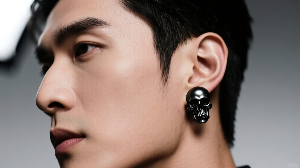 Close-up of a man wearing a matte black steel skull stud earring, studio lighting highlighting the dark metallic texture