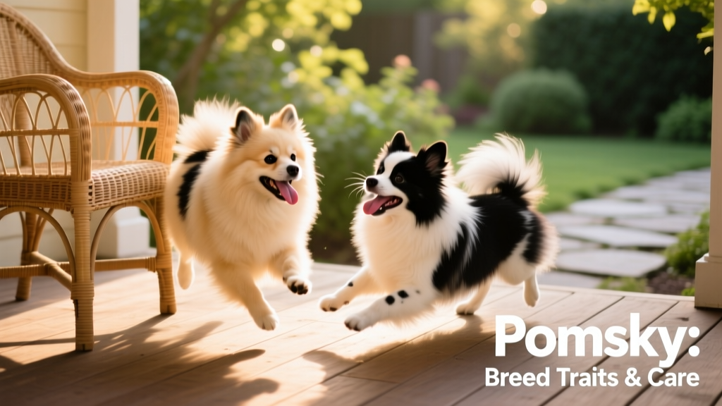 Two Pomskies playing together on a sunlit porch, highlighting their varied coat colors and joyful expressions