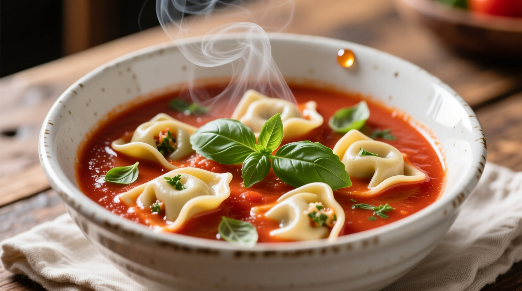 Steaming bowl of tortellini tomato soup with fresh basil garnish