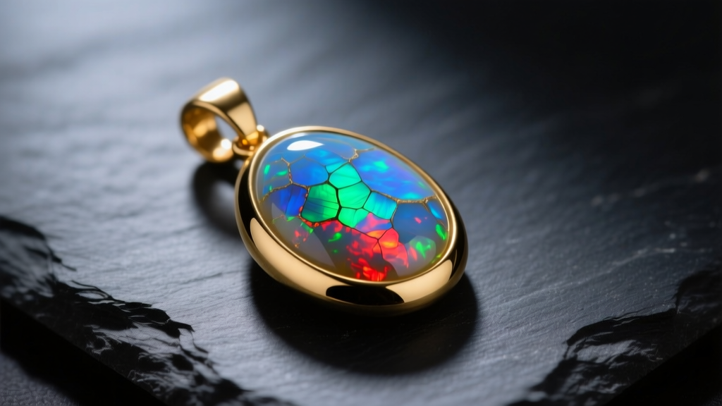 Macro shot of a crazed Ethiopian opal pendant in 14k gold on dark slate, showing internal fractures under soft directional lighting