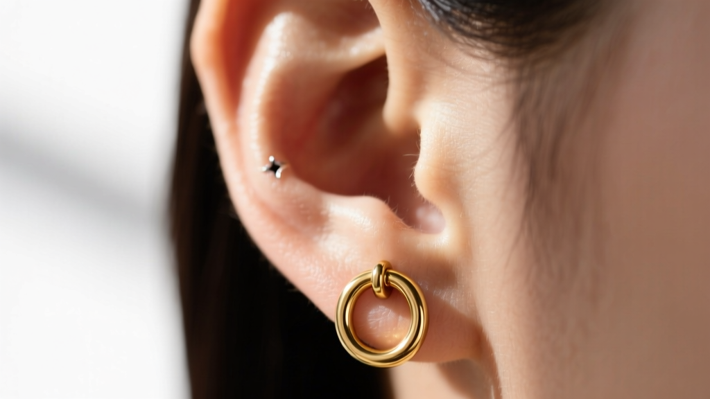 Close-up of a 14k gold 6mm huggie hoop in a healed tragus piercing, showing a snug fit against ear cartilage in natural sunlight