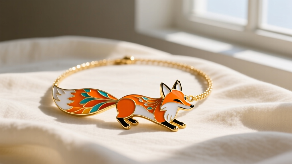 Gold vermeil fox necklace featuring vibrant orange and white champlevé enamel on the tail, photographed on soft cream linen fabric.