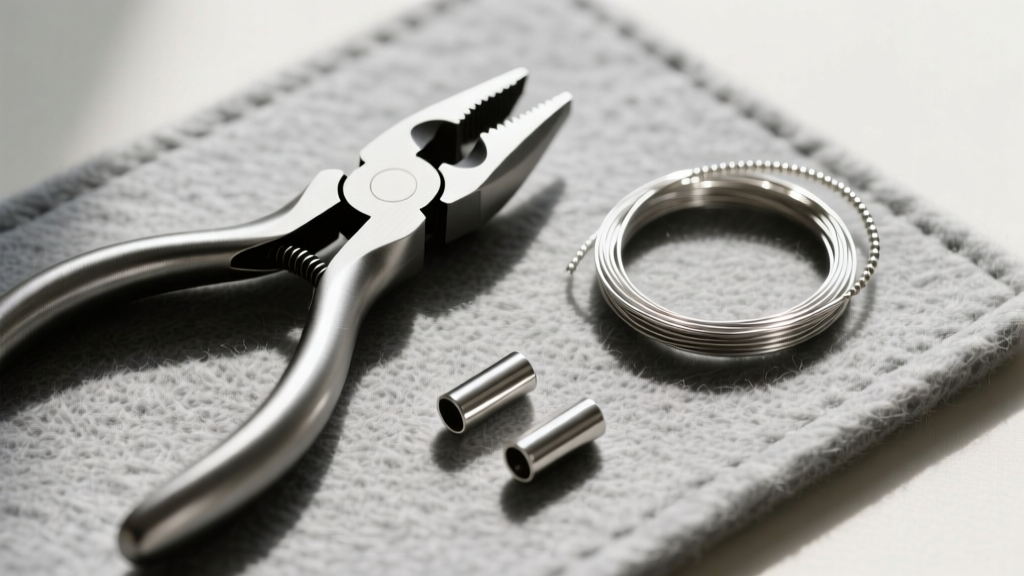 Top-down view of jewelry tools including crimping pliers, 0.018-inch beading wire, and 2mm sterling crimp tubes on gray felt mat.
