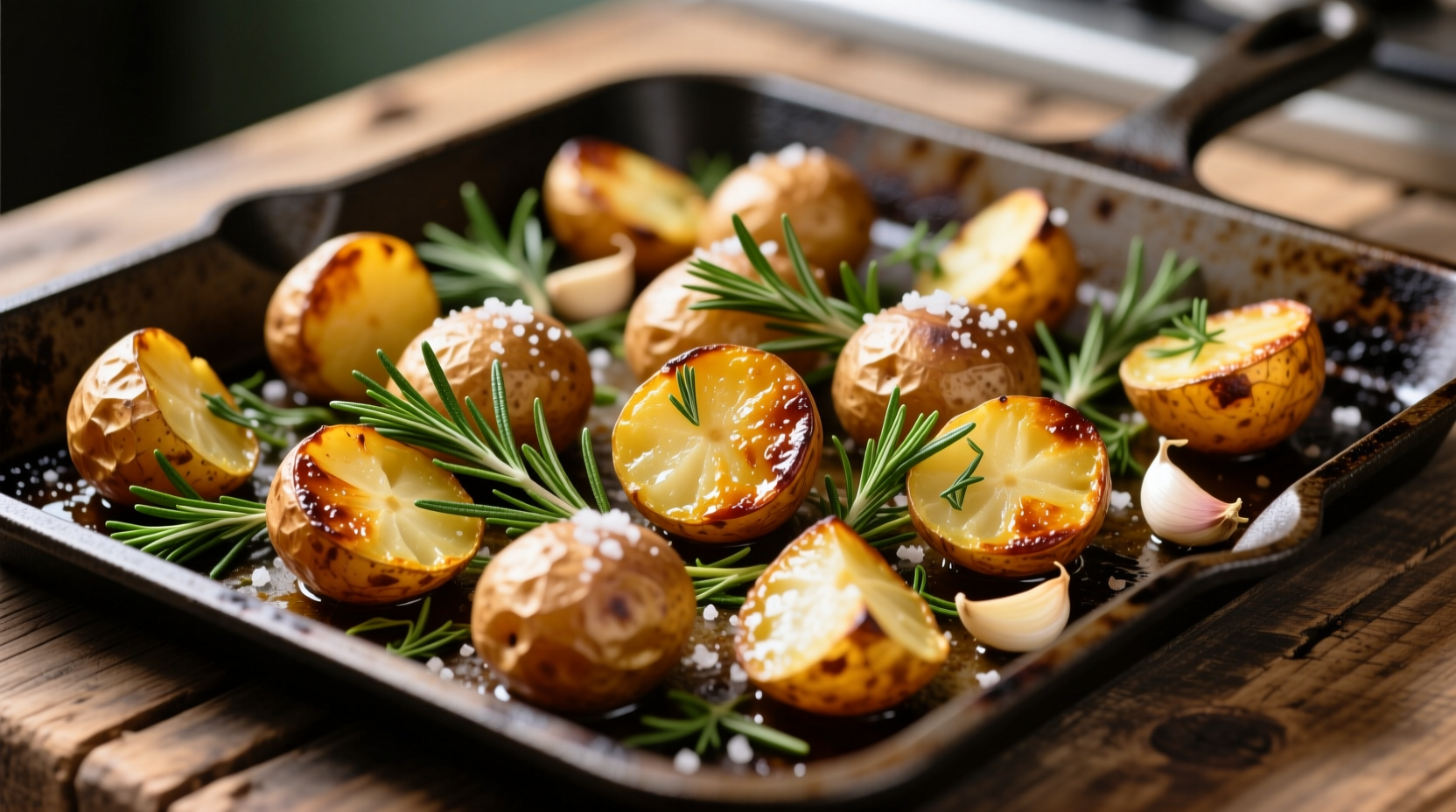 Golden roasted potatoes on baking sheet with herbs