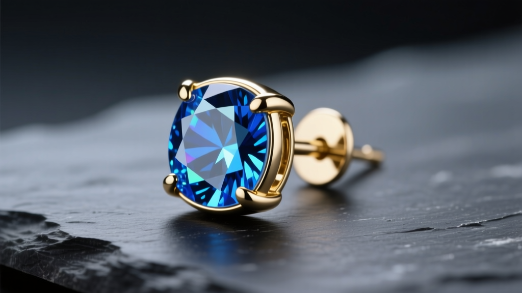 Close-up of a white gold stud earring with a vivid blue gold inlay, resting on dark slate under soft directional studio lighting.