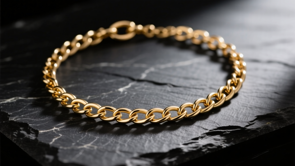 Close-up of a delicate gold tone brass chain necklace resting on dark slate, illuminated by soft directional studio lighting.