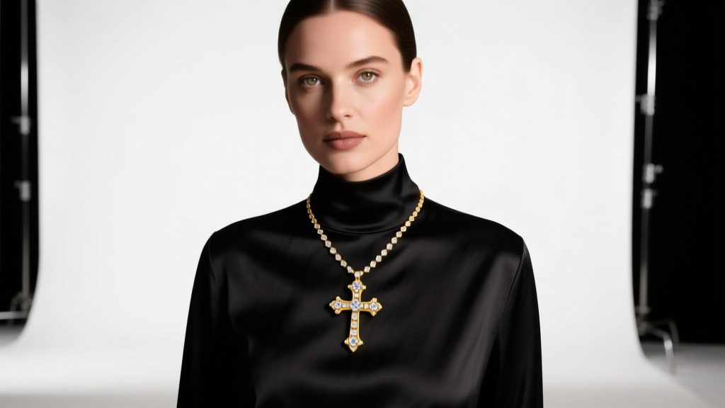 Elegant woman wearing a large 14k yellow gold diamond cross necklace over a black silk blouse, studio lighting, editorial style.