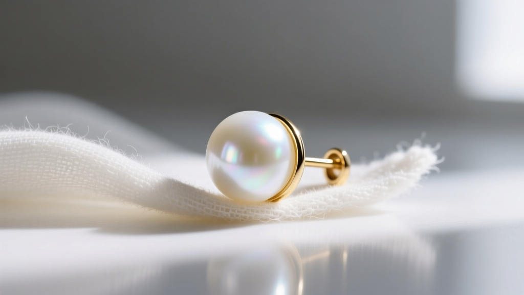 Macro photography of a soft microfiber cloth gently wiping a lustrous white Akoya pearl attached to a 20-gauge gold earring post