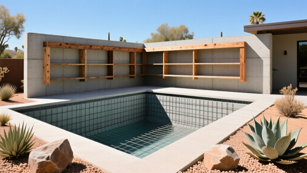 Excavated gunite pool shell in a California backyard showing steel rebar grid, wooden Baja shelf forms, and dry landscaping.