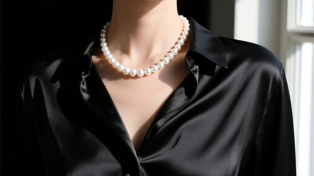 White freshwater pearl beaded necklace resting elegantly on a black silk blouse, illuminated by soft natural window lighting.