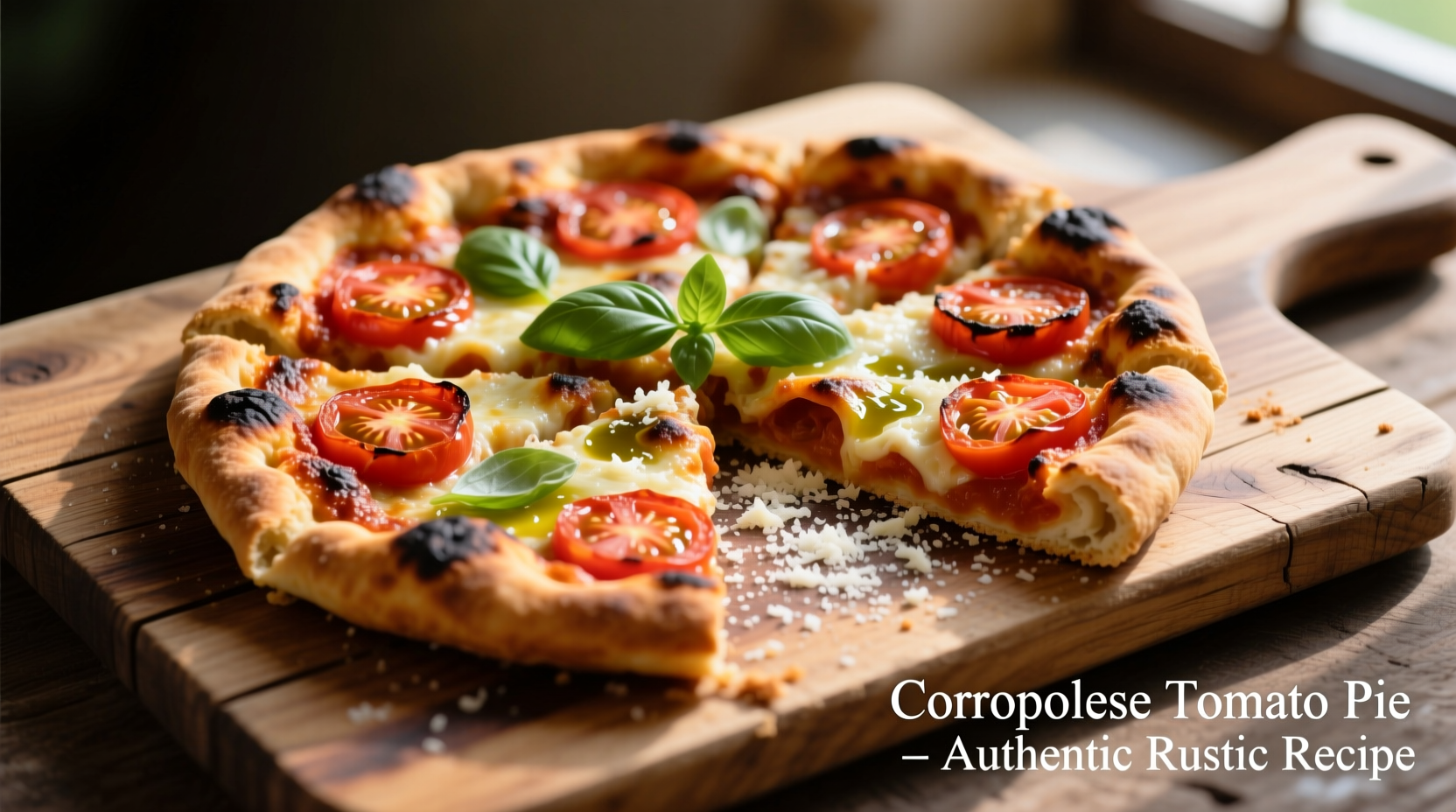 Traditional tomato pie Corropolese on wooden board