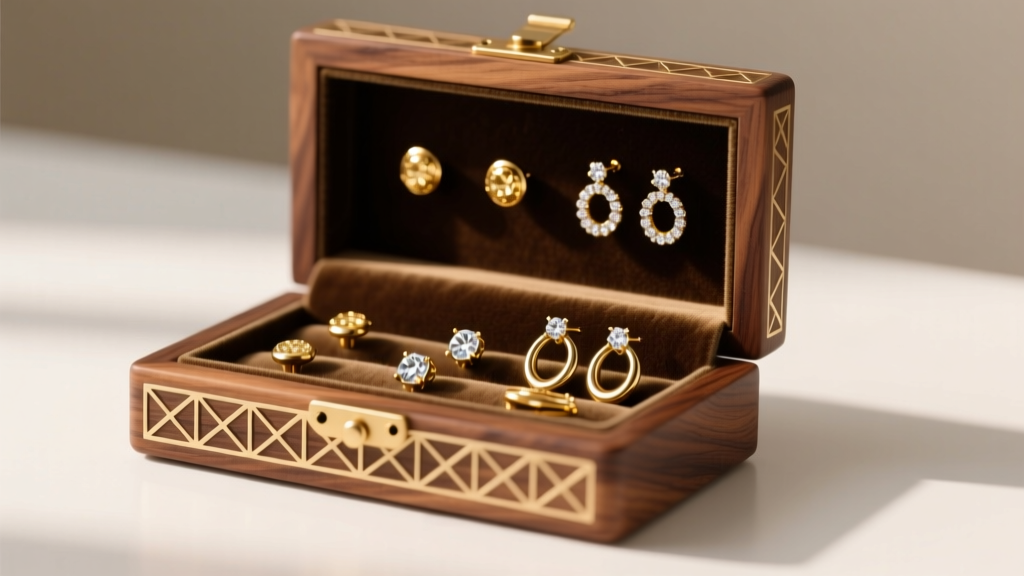Walnut pierced earring storage box with anti-tarnish velvet displaying gold studs and diamond hoops under soft warm lighting