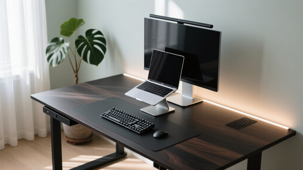 Top-down view of a compact 48-inch desk with a vertical laptop stand, slim keyboard, and monitor light bar in a sunlit room