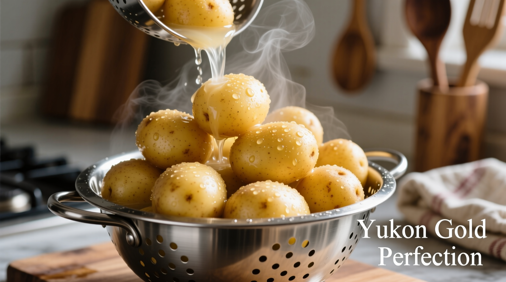 Perfectly boiled Yukon Gold potatoes in colander