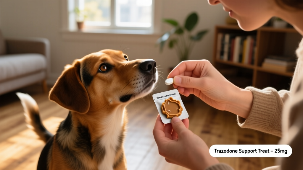 Close-up of a dog owner gently placing a trazodone tablet into a peanut butter-flavored treat pocket
