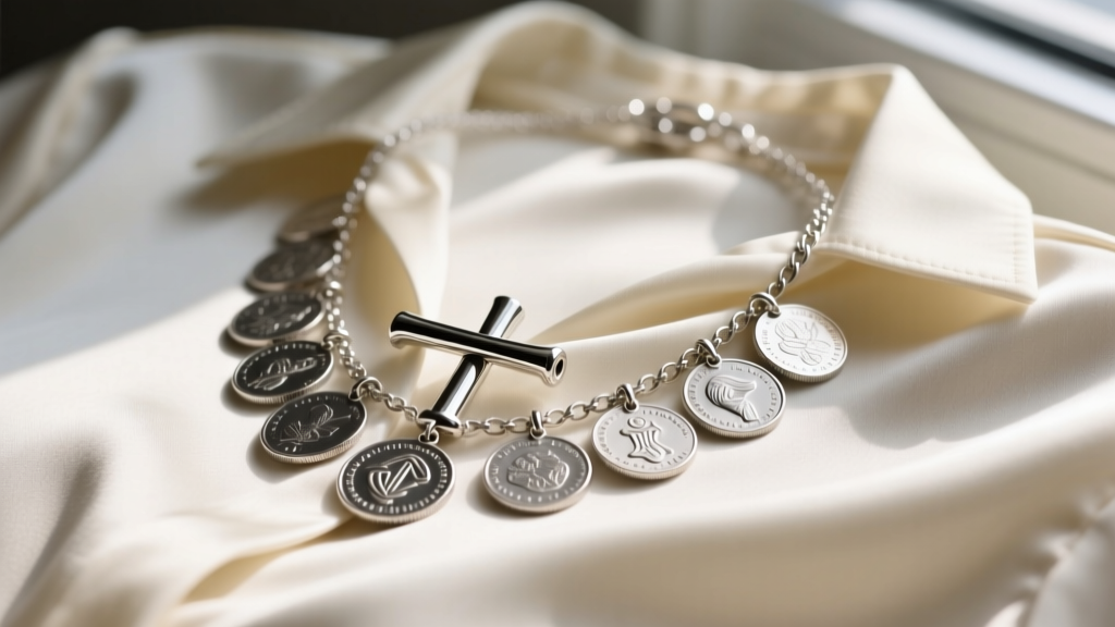 Close-up of a layered sterling silver coin toggle necklace over a cream silk blouse, focusing on the T-bar clasp and coin charms