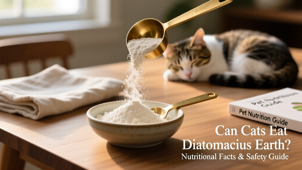 Close-up of fine, off-white diatomaceous earth powder in a small bowl beside a measuring spoon