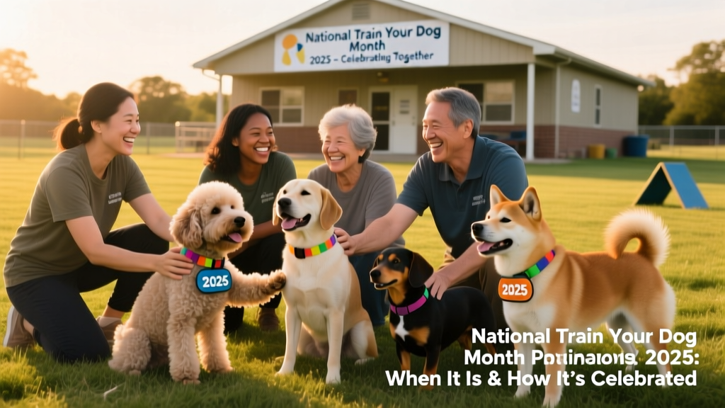 A diverse group of dogs and owners smiling together after completing a beginner training workshop