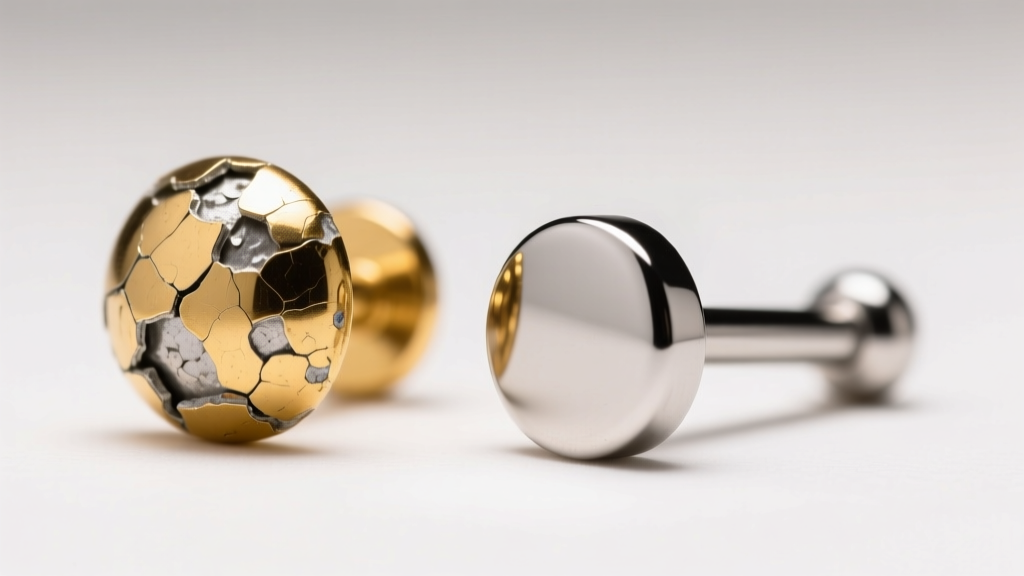 Macro shot comparing two posts, one with flaking gold plating, the other a polished titanium flat back for fresh piercings.