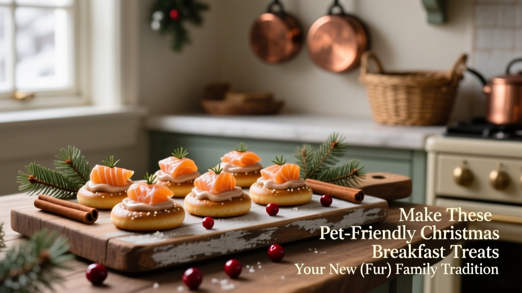 Artfully arranged cat treats: miniature bagel-shaped biscuits topped with salmon and a drizzle of tuna puree, styled on a rustic wooden board with holiday accents