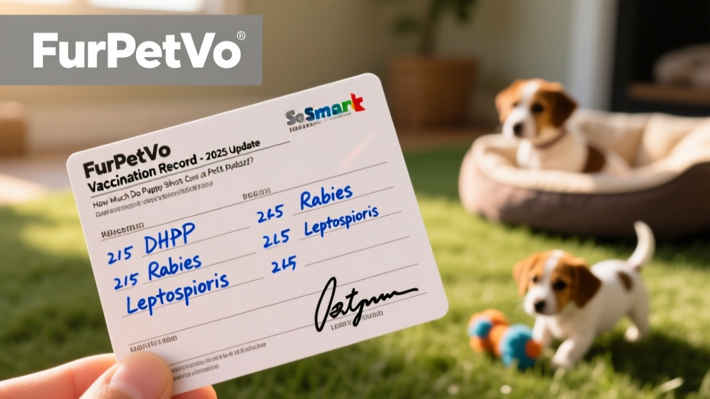 Close-up of a FurPetVo vaccination record card with clear dates, vaccine names, and vet signature