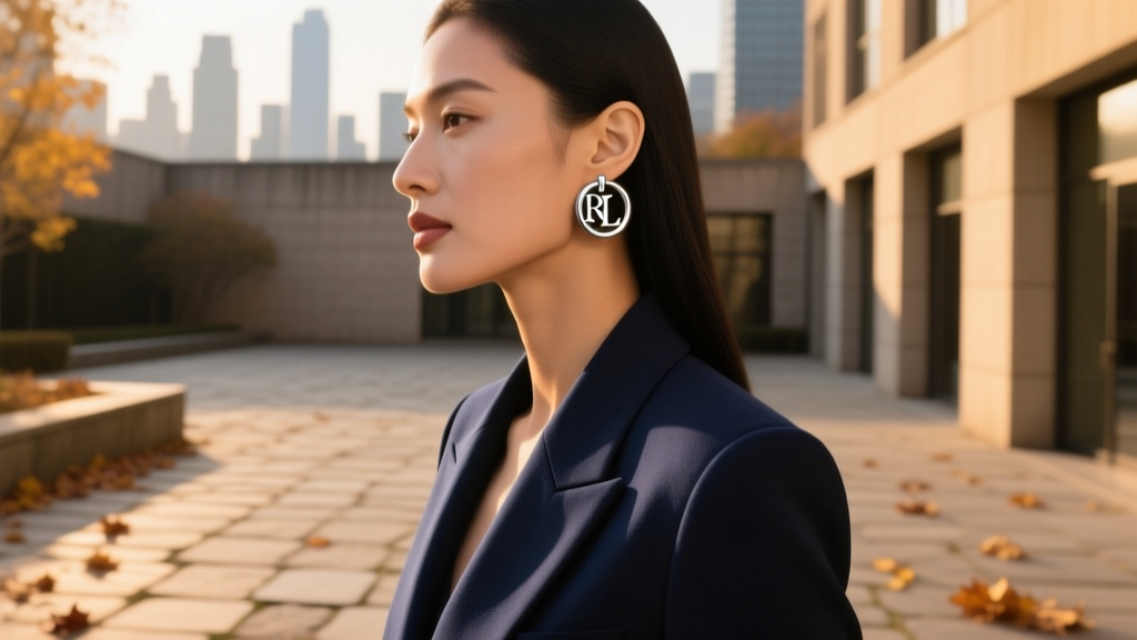 Side profile of a woman wearing a silver RL crest huggie earring with a navy blazer, outdoor settings, warm golden hour lighting.
