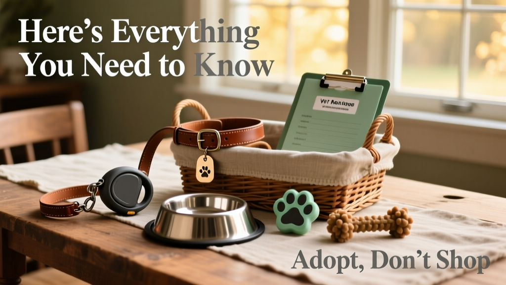 A neatly organized basket of dog essentials: collar, leash, food bowl, chew toy, and vet records folder