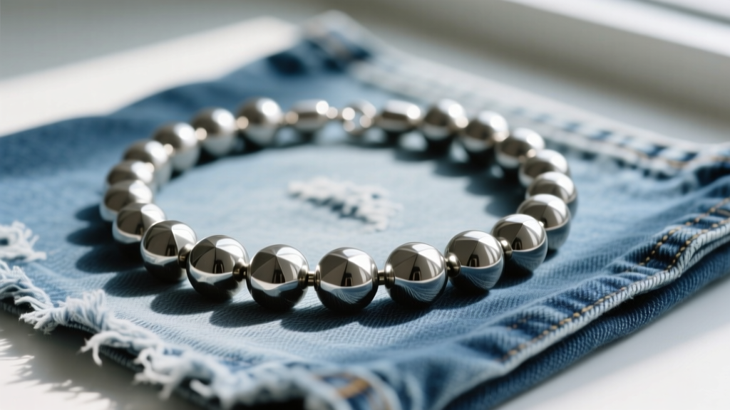 Flat lay of a vintage 1990s chunky stainless steel metal ball necklace on faded denim, illuminated by soft natural window light