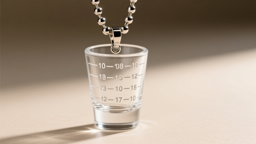 Macro shot of a BPA-free acrylic novelty shot glass pendant showing laser-etched measurements and a sturdy steel ball chain.