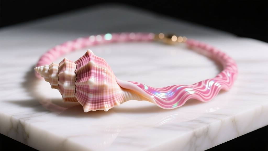 Close-up of a natural pink conch shell necklace with a distinct flamboyant pattern, resting on white marble, soft studio lighting.