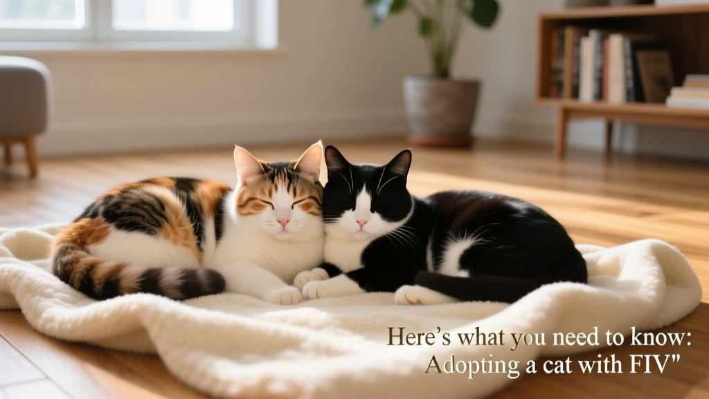 Two cats—one calico, one tuxedo—napping side by side on a soft blanket