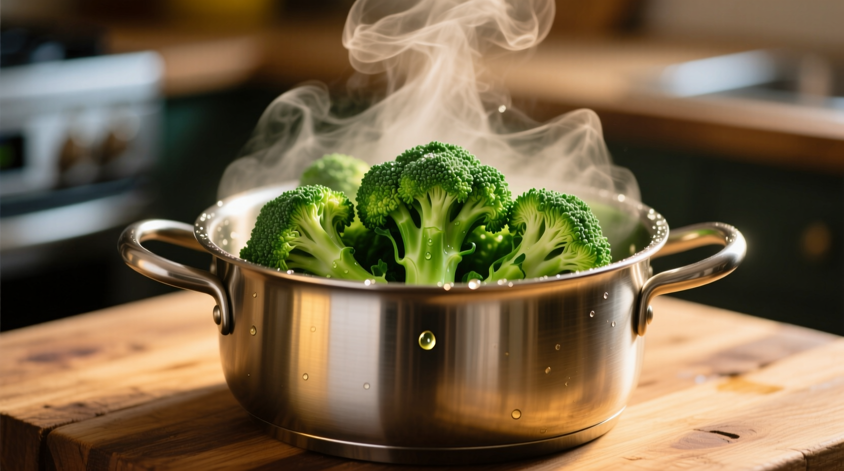 Fresh broccoli florets in a steaming pot