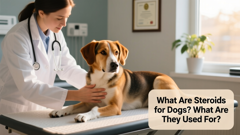 A veterinarian gently examining a calm, medium-sized dog during a routine checkup