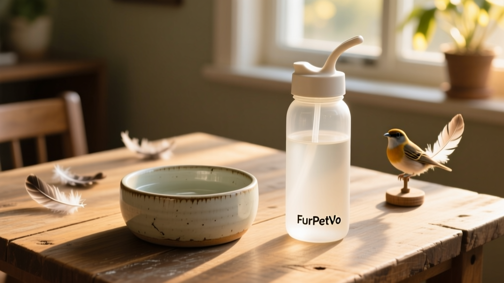 Side-by-side comparison of a clean, scrubbed ceramic water bowl and a freshly filled FurPetVo water bottle