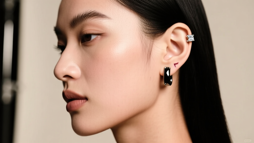 Side profile of a model wearing a black zirconium clicker ring in a healed daith piercing, highlighting the matte finish